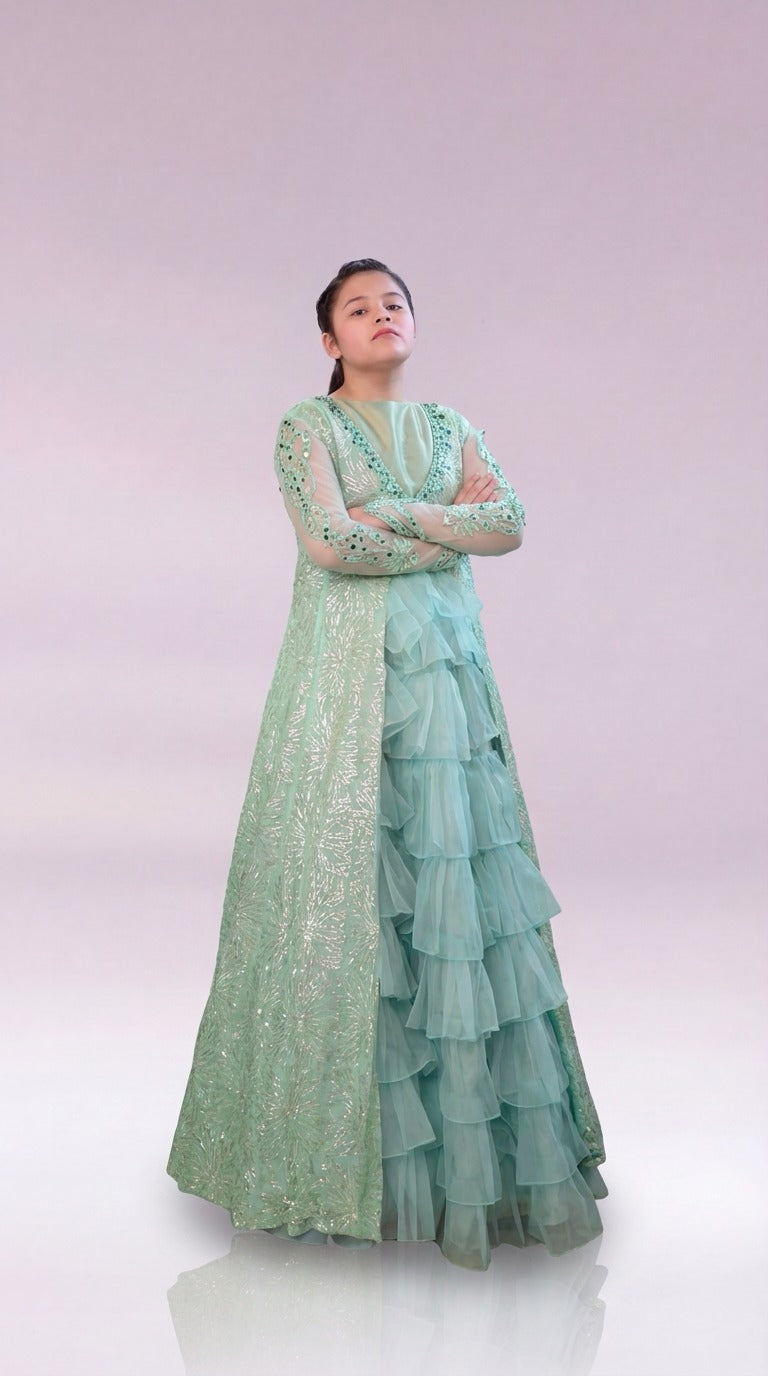 Emrel Green Gown Lehnga Eastern Western Cut