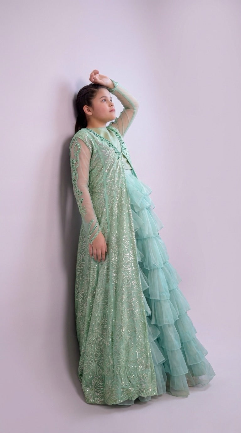 Emrel Green Gown Lehnga Eastern Western Cut