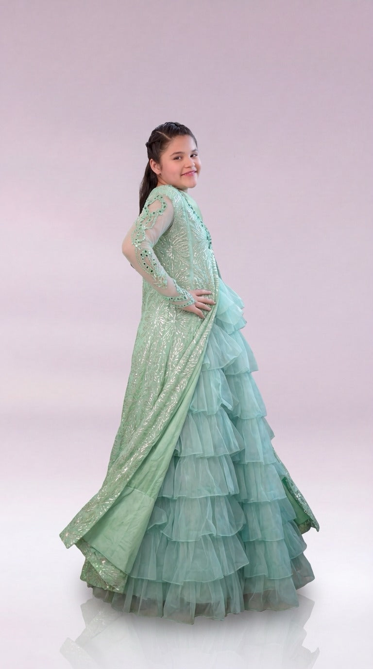 Emrel Green Gown Lehnga Eastern Western Cut