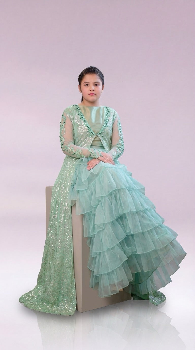 Emrel Green Gown Lehnga Eastern Western Cut